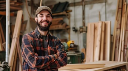 Portrait of smiling young woodworker standing next to a machine and wood material in his carpentry workshop