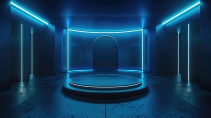 Realistic dark blue 3d cylinder pedestal podium scifi abstract room with horizontal neon lighting