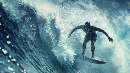 A man skillfully rides a wave on top of a surfboard, balancing and maneuvering through the water with expertise.