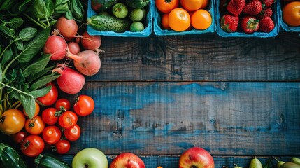 A wooden table adorned with a colorful array of fruits and vegetables, showcasing local food...