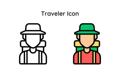 Traveler Icon line and line color style. Traveler and backpacker vector symbol
