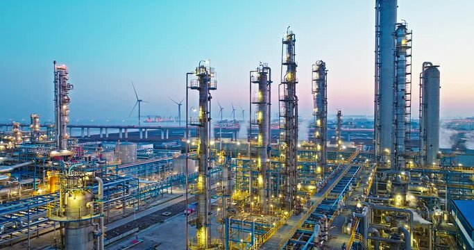 Aerial view of industrial area refinery and chemical plant at sunset