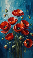 Poppy flowers on a blue background