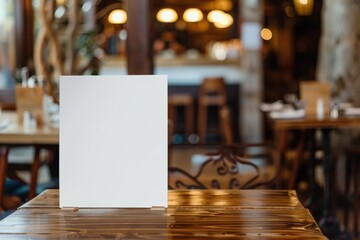 White blank restaurant menu sign on a table
