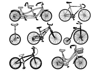Bicycle set sketch engraving PNG illustration. T-shirt apparel print design. Scratch board style imitation. Hand drawn image.
