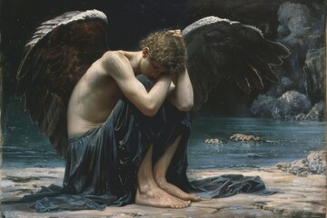 Sorrowful Seraphs. Fallen angel crying feeling pain for people.