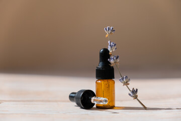 Glass bottle dropper with dried lavender flowers. Wild harvested essential oil beauty product....