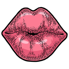 Female lips kiss sketch engraving PNG illustration. T-shirt apparel print design. Scratch board style imitation. Black and white hand drawn image.