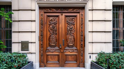 antique woodwork, an ancient carved wooden door embodies timeless elegance and skillful craftsmanship, enhancing any outdoor space with its unique charm