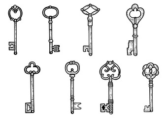 Vintage key set sketch engraving PNG illustration. T-shirt apparel print design. Scratch board imitation. Black and white hand drawn image.