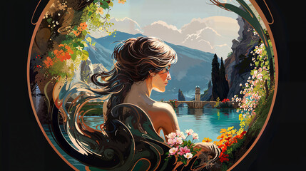 Artistic portrayal of a woman in nature, blending with a scenic lake and mountain backdrop
