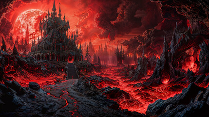 Gothic cathedral amidst a volcanic apocalypse under a blood-red moon