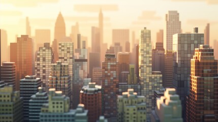 The golden hour casts a warm glow over a dense collection of skyscrapers in a bustling metropolitan city. 3D illustration