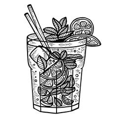 Mojito cocktail sketch engraving PNG illustration. T-shirt apparel print design. Scratch board style imitation. Black and white hand drawn image.