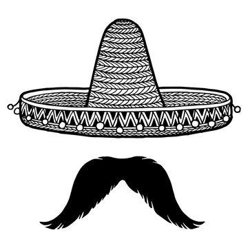 Mexican sombrero hat and mustache sketch engraving PNG illustration. T-shirt apparel print design. Scratch board style imitation. Black and white hand drawn image.