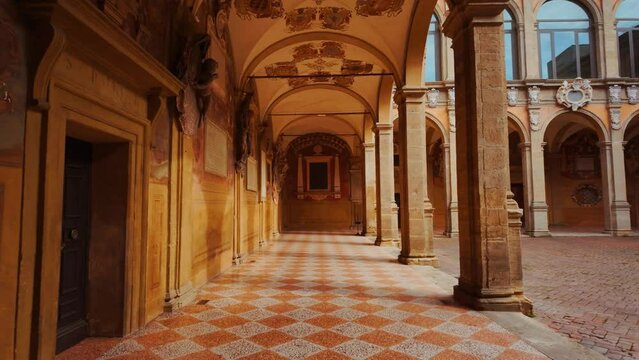 The beautiful Renaissance arcades of the Teatro Anatomico in Bologna, Emilia-Romagna, Italy, once home to anatomical studies at the University of Bologna