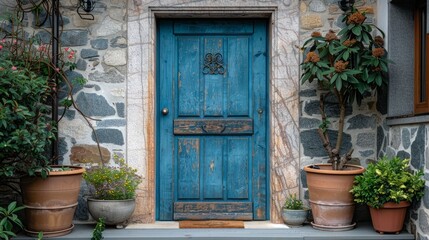 vintage door design, classic blue wooden door with iron details, a rustic touch to elevate the houses exterior aesthetic