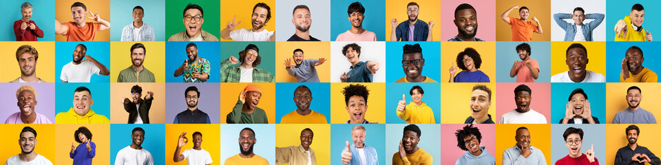 Celebrating human joy, this collage shows multiracial, multiethnic men faces on international-style...