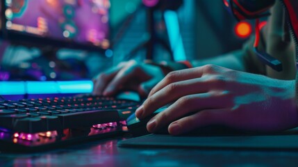 Male pro gamer's hands playing computer video game with professional computer mouse and keyboard. Close up of cyber sportsman hands on gaming equipment. Selective focus on hand. Cyber sport concept