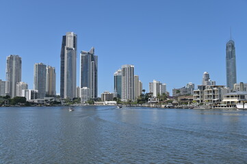 Fototapeta premium Luxury house on Nerang river against Surfers Paradise skyline Queensland Australia