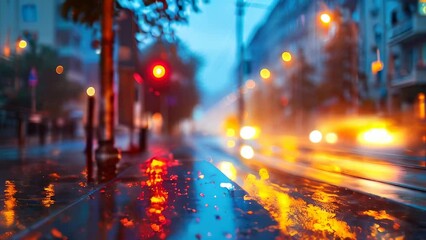 Rainy city street with blurry car lights and wet pavement reflecting colors