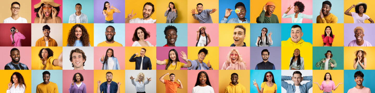 Each frame captures the essence of diversity with multiracial, multiethnic people against international-style color backdrops, symbolizing unity