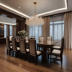 An elegant dining room with a long, polished wooden table set for a formal dinner5