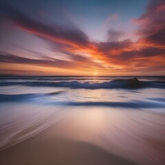 A serene beach at sunset, with gentle waves rolling onto the shore and a colorful sky overhead5