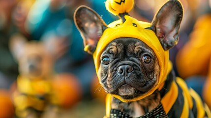 French bulldog in bee costume at a pumpkin patch. Pet fashion and Halloween concept. Design for banner, postcard.