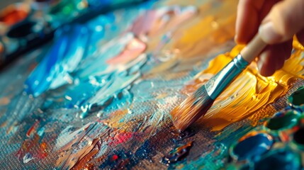 Fototapeta premium Close-up of a vibrant oil painting palette and brush in action, capturing the dynamic process of art creation with vivid colors.