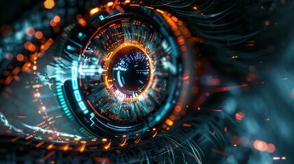 Eye of futuristic and Innovative, eye with binary code, eyes and vibrant neon neural network, representing futuristic technology, Cyber security and data protection concept with face, 
