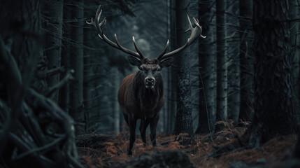 A majestic deer with impressive antlers standing in the forest, surrounded by tall trees and dense foliage