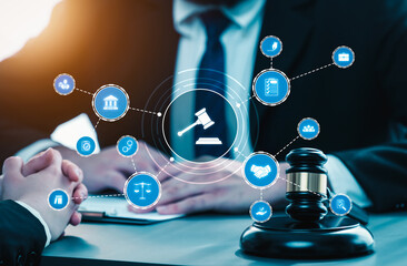 Smart law, legal advice icons and lawyer working tools in the lawyers office showing concept of...