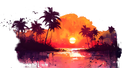 Sunset from a beach made from colorful paint splash isolated on a transparent background, PNG, Ai