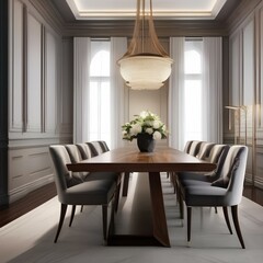 An elegant dining room with a long, polished wooden table set for a formal dinner2