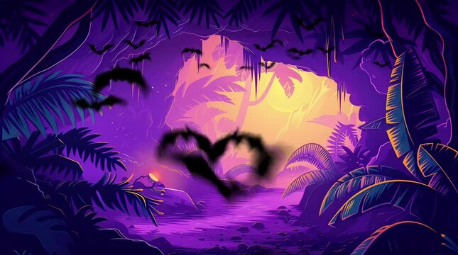 Fantasy purple cave with bats flying in the landscape. Mystical underworld adorned in hues of violet.
Seamless looping 4k time-lapse virtual video animation background. Generated AI
