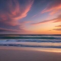 A serene beach at sunset, with gentle waves rolling onto the shore and a colorful sky overhead2