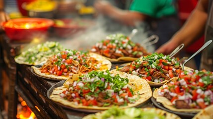 close up of a Mexican street food stand with a variety of tacos. - Powered by Adobe