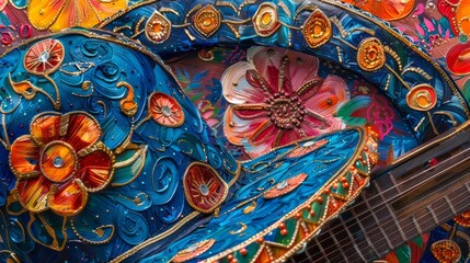 close up of guitar and blue hat with orange flower decorations.