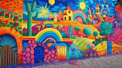 colorful mural of a town with rainbows, flowers, and cacti.