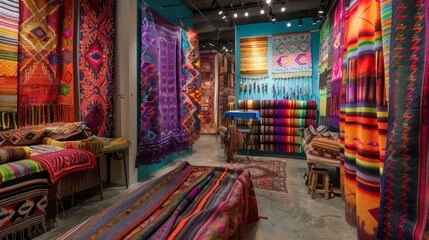 room full of colorful Guatemalan textiles.