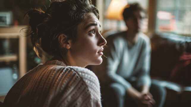 Close up portrait of depressed woman looking at camera with boyfriend in background