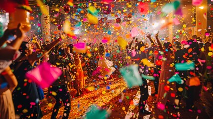 A wedding reception with the bride and groom on the dance floor and the guests throwing confetti