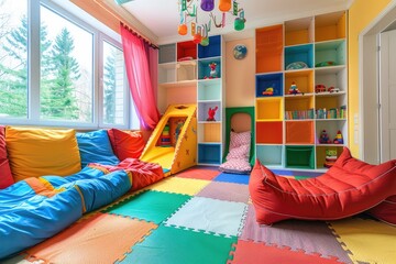 A colorful room with a slide and a bookshelf. The room is full of toys and has a playful atmosphere