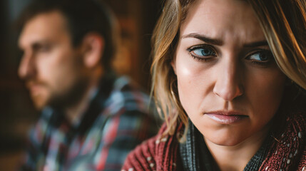 Close up portrait of depressed woman looking at camera with boyfriend in background