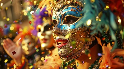 A woman wearing a Venetian mask smiles and celebrates with confetti falling around her.