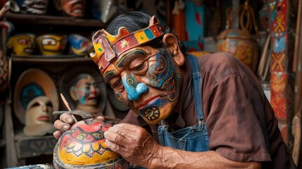 Fototapeta premium old man with face paint is carefully painting a pottery.