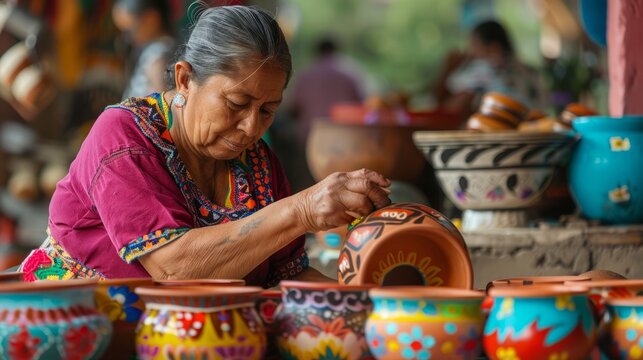 elderly woman paints colorful pottery in a Mexican village. - Powered by Adobe
