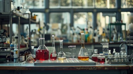 A lab table with many different colored liquids in beakers and test tubes. The table is cluttered and disorganized, with some of the containers almost spilling over the edges