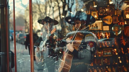 Two traditional mexican musicians playing guitars in front of a store window.